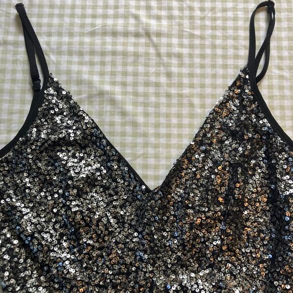 V neck silver sequin cami with flared waist, going out night out party new years - Picture 3 of 8